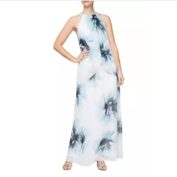 SLNY Printed Tulip Maxi Dress Style 9171810. Size 14. Color: Ivory Mult - Picture 2 of 8